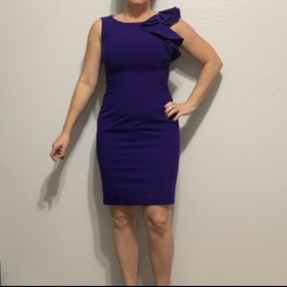 NWOT Calvin Klein Purple Ruffle Shoulder Dress - M - Picture 2 of 8